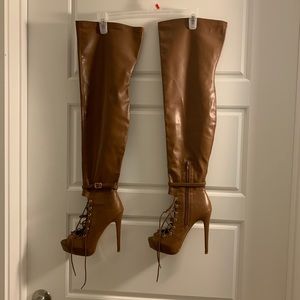 Tan leather over knee heeled boots